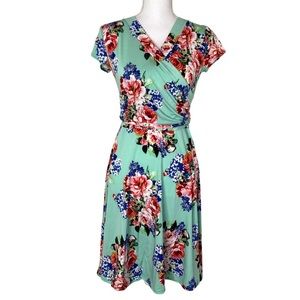 Mint Green Floral Rose Faux Wrap Dress Size S